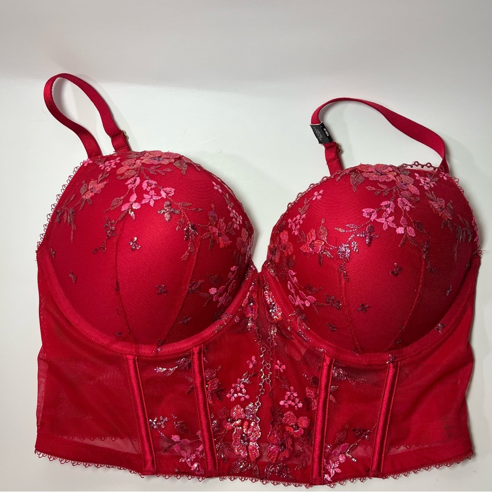 Victoria's Secret - NWT Very Sexy Red Floral Embroidered Bustier Push Up Bra 36D - Picture 5 of 8